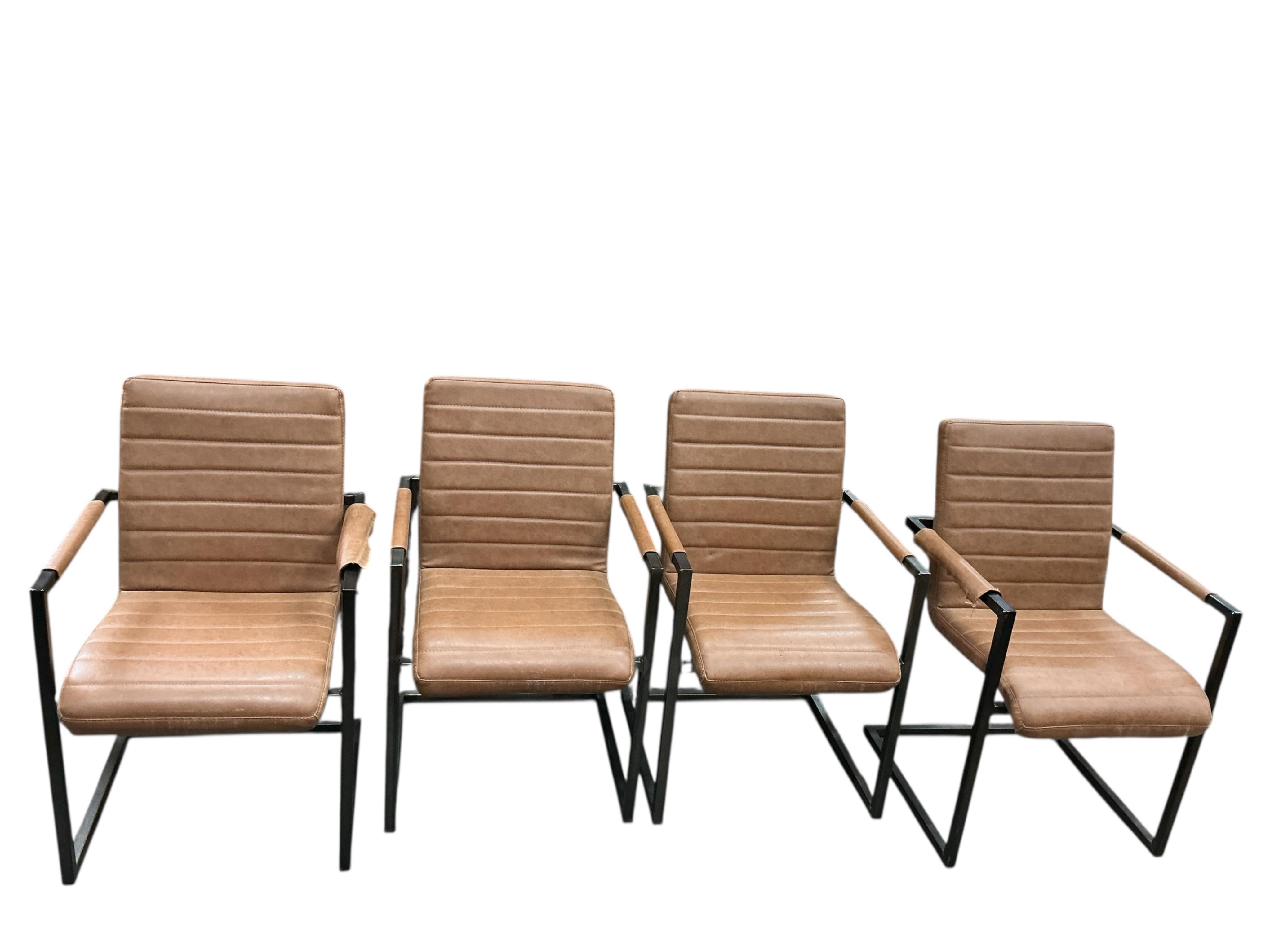 A set of four contemporary metal and reconstituted leather cantilever elbow chairs, width 55cm, depth 55cm, height 88cm